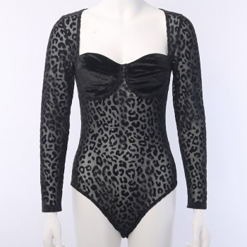 Nadafair Mesh Leopard Mesh Bodysuit Black Sexy Bodysuit For Women Square Collar Long Sleeve Bodysuits One Piece Body Female 2019